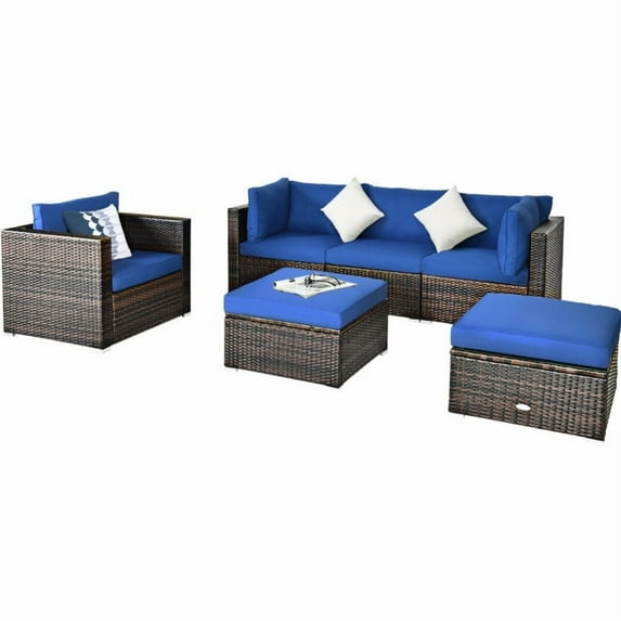 Barara King Outdoor Collection Set, Patio Conversation Table Chair Set, 6 Pcs Patio Rattan Furniture Set with Sectional Cushion-Blue
