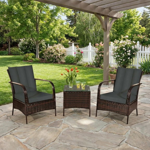 Barara King Outdoor Conversation Sets, Outdoor Bistro Set, 3 Pcs Patio Conversation Rattan Furniture Set with Glass Top Coffee Table and Cushions-Gray