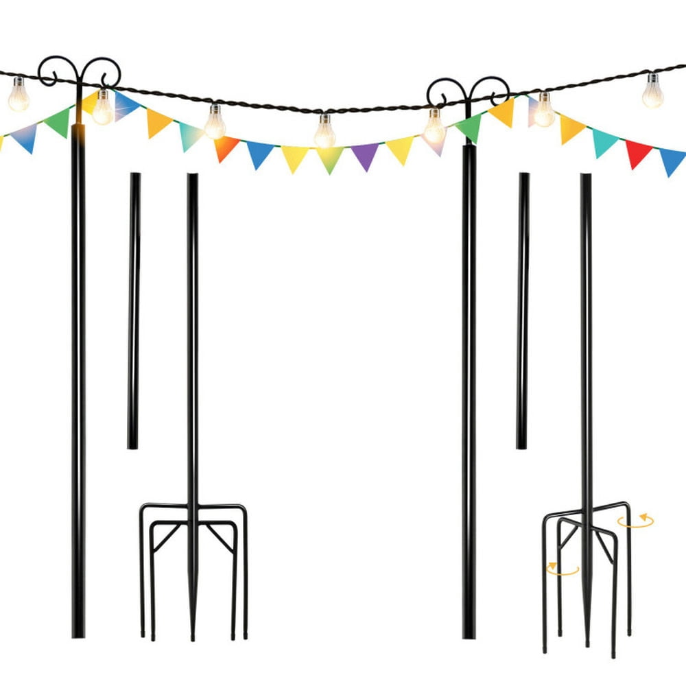 Black Steel Outdoor String Light Poles with Arc Hook and 5-Prong Base - 10 ft