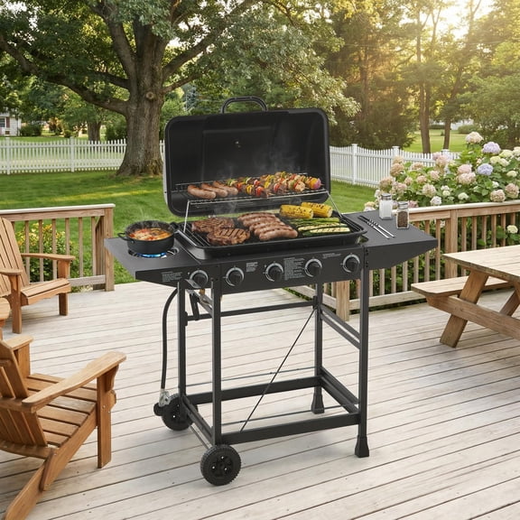 Barara King Outdoor Gas Grill, 4 Burners, 42K BTU, Stainless Steel, Side Table & Burner, Black