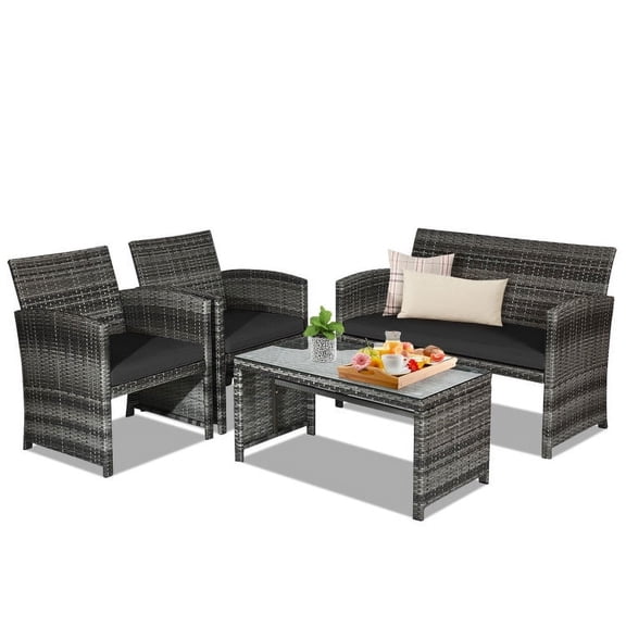 Barara King Outdoor Living Rattan Furniture, Includes 1 Double & 2 Single Chairs with Cushion & 1 Glass-top Coffee Table 4 Piece Conversation/Chat Set, (Back), Black