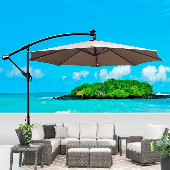 Barara King Outdoor Patio Market Umbrella,10 ft Solar Powered LED Lighted Sun Shade Market Waterproof 8 Ribs Umbrella with Crank and Cross Base,Brown