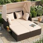 Barara King Outdoor Patio Rattan Daybed with Retractable Canopy and Side Tables for Garden Balcony Comfortable Lounging, Beige