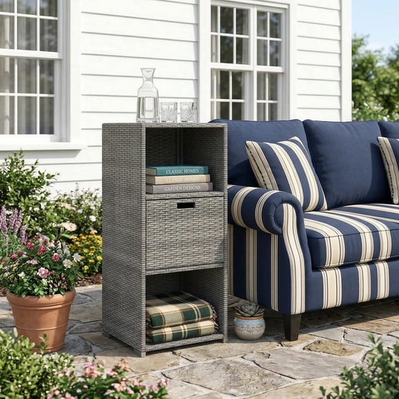 Barara King Outdoor Patio Wicker Storage Organizer Cabinet with Drawer, Multi-Functional Weatherproof Storage Unit for Garden Backyard Balcony Pool Area, Gray