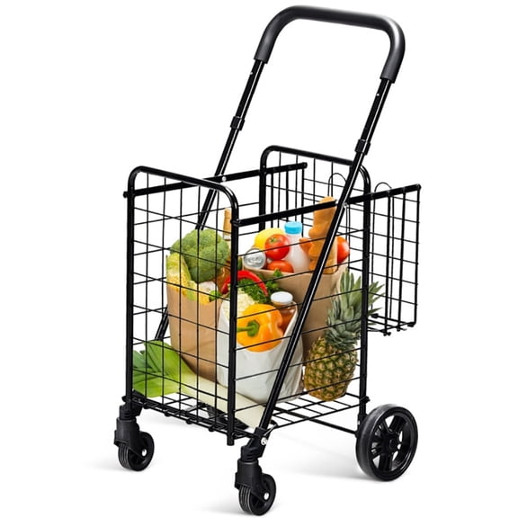 Barara King Outdoor Utility Carts,Folding Shopping Cart Basket Rolling Trolley with Adjustable Handle-Black