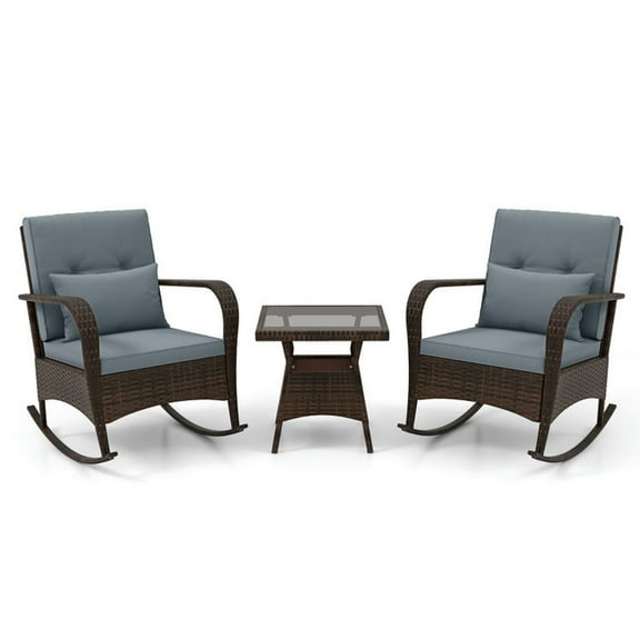 Barara King Outside Patio Conversation Sets, Patio Furniture Set,3 Piece Outdoor Rocking Set with Tempered Glass Coffee Table for Backyard Poolside-Gray