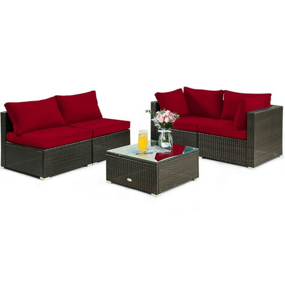 Barara King Outside Patio Conversation Sets, Patio Furniture Set,5 Pieces Cushioned Patio Rattan Furniture Set with Glass Table-Red