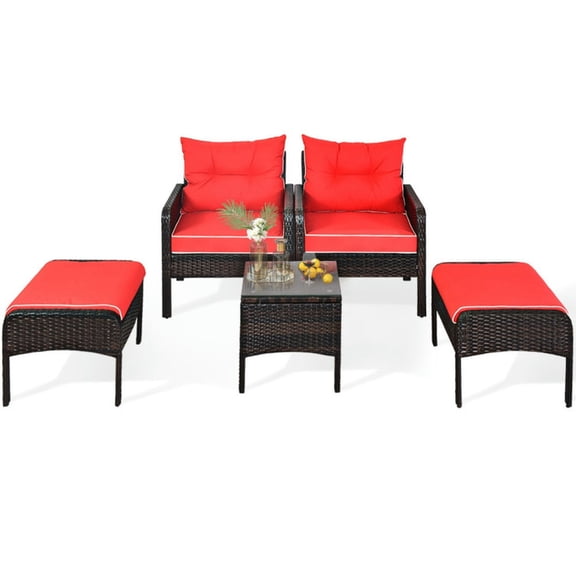 Yardi Yard Outside Patio Conversation Sets, Patio Furniture Set,5 Pieces Patio Rattan Sofa Ottoman Furniture Set with Cushions-Red