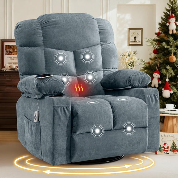 Barara King Oversized Swivel Recliner Chair with Heating Lumbar Support, Cup Holders and USB Port for Living Room, Rocker Massage Recliner for Adults, Blue