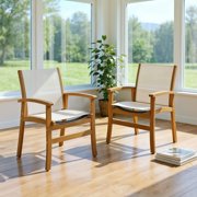 Barara King Pair Of Acacia Wood Patio Armchairs with Breathable Fabric Seat & Backrest, Comfort Soft Wooden Dining Chairs Suitable for Backyard Balcony Garden Patio Leisure, Beige