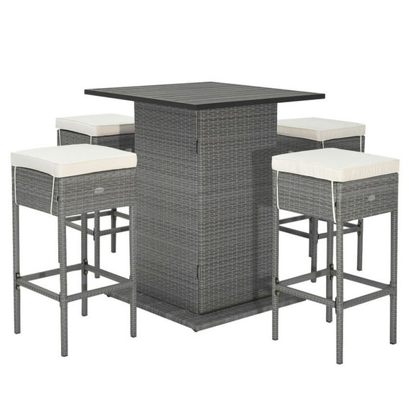 Barara King Patio Bistro Set, Outdoor Patio Dining Set,5 Pieces Outdoor Wicker Bar Table Set with Hidden Storage Shelves-White