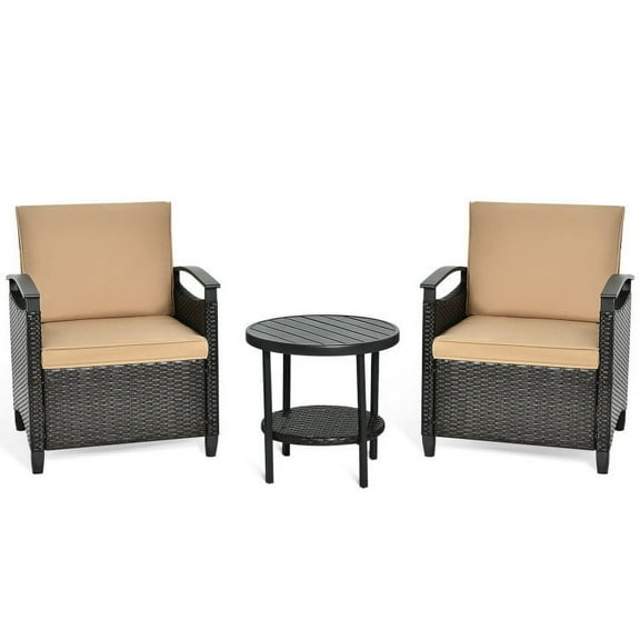 Barara King Patio Conversation Table Chair Set, 3 Pieces Patio Rattan Furniture Set Cushioned Sofa Storage Table with Shelf Garden, Outdoor Collection Set