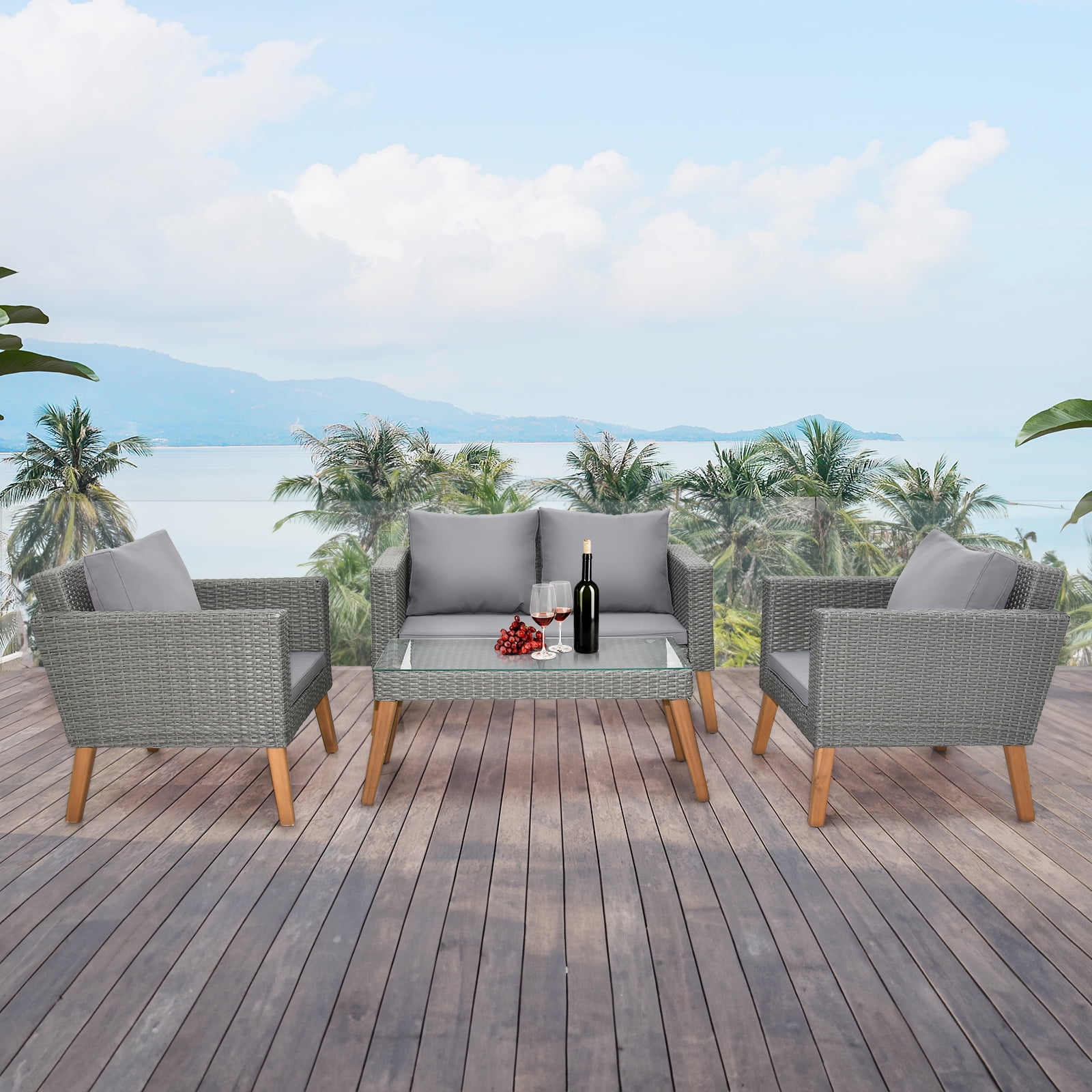 Barara King Patio Conversation Table Chair Set Outdoor Collection Set 4pcs Sofa Gray Double Stranded Rattan Gray Cushion Four Piece Set Of Braided Rattan Acacia Wood Legs Walmart
