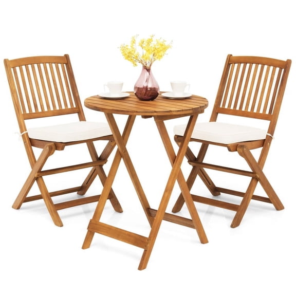 Barara King Patio Conversation Table Chair Set, Outdoor Collection Set, 3 Pieces Patio Folding Bistro Set with Padded Cushion and Round Coffee Table-White