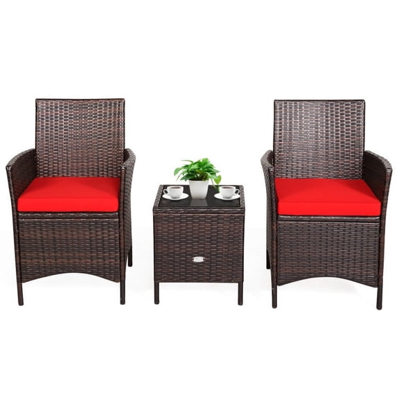 Yardi Yard Patio Conversation Table Chair Set, Outdoor Collection Set, 3 Pieces Patio Rattan Furniture Set Cushioned Sofa and Glass Tabletop Deck-Red