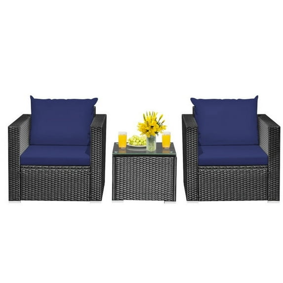 Barara King Patio Conversation Table Chair Set, Outdoor Collection Set, 3 Pieces Patio Wicker Conversation Set with Cushion-Navy