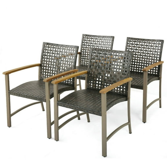 Barara King Patio Dining Chair,Outdoor Dining Room Chair,Set of 4 Patio Rattan Dining Chairs with Acacia Wood Armrests-Set of 4