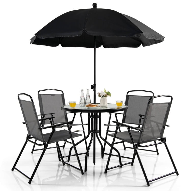 Barara King Patio Dining Sets, Patio Table and Chairs Set, 6 Pieces Patio Dining Set Folding Chairs Glass Table Tilt Umbrella for Garden-Gray