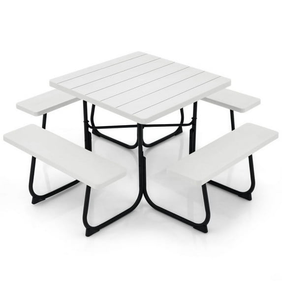 Barara King Patio Furniture Set, Outdoor Picnic Table with 4 Benches and Umbrella Hole-White, Patio Bistro Set, All-Weather Wicker Conversation Set