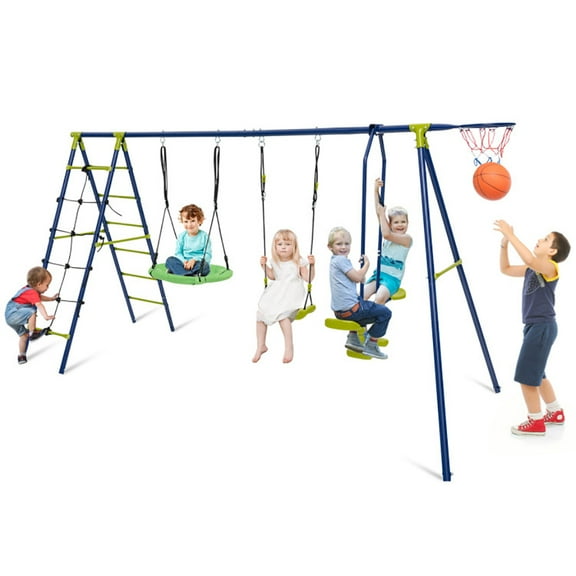 Barara King Patio Kids Swing Set,550 LBS 6-in-1 Patio Kids Swing Set with Climbing Net and Ladder-Green