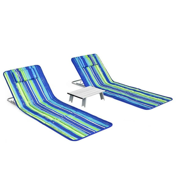 Barara King Patio Lounge Chair,Reclining Outdoor Chaise Lounger,3 Pieces Beach Lounge Chair Mat Set 2 Adjustable Lounge Chairs with Table Stripe-Stripe