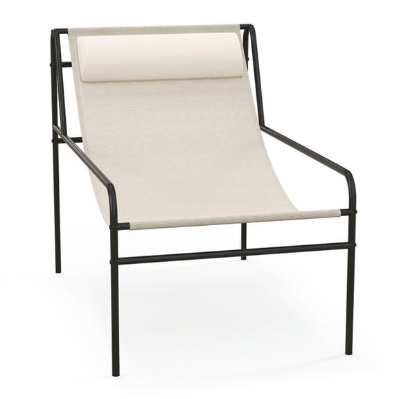 Barara King Patio Lounge Chair,Reclining Outdoor Chaise Lounger,Patio Sling Lounge Chair with Removable Headrest Pillow and Metal Frame-Beige