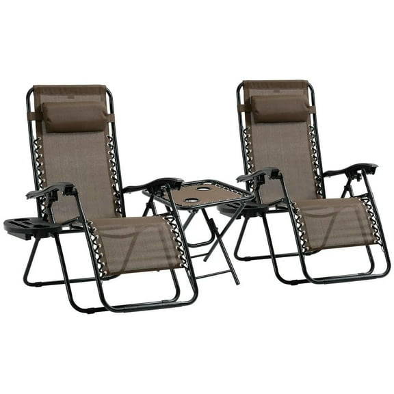 Barara King Patio Lounge Chair,Reclining Outdoor Chaise Lounger,Zero Gravity Chair Set with Side Table, Folding Reclining Chair with Cupholders & Pillows, Brown