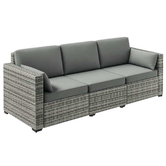 Barara King Patio Outdoor Sofa,Patio Couch PE Wicker Deep Seating Outdoor Sofa with Removable Cushions, 3 Seater Rattan Sofa, Gray