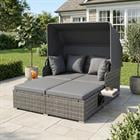 Barara King Patio Rattan Daybed with Retractable Canopy and Built-In Side Tables for Poolside Backyard Sunbathing Relaxation, Mix Gray