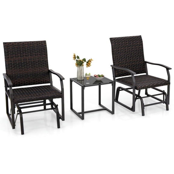 Barara King Patio Relaxation Sets,3 Piece Patio Gliding Set with Tempered Glass Coffee Table All Weather-Brown