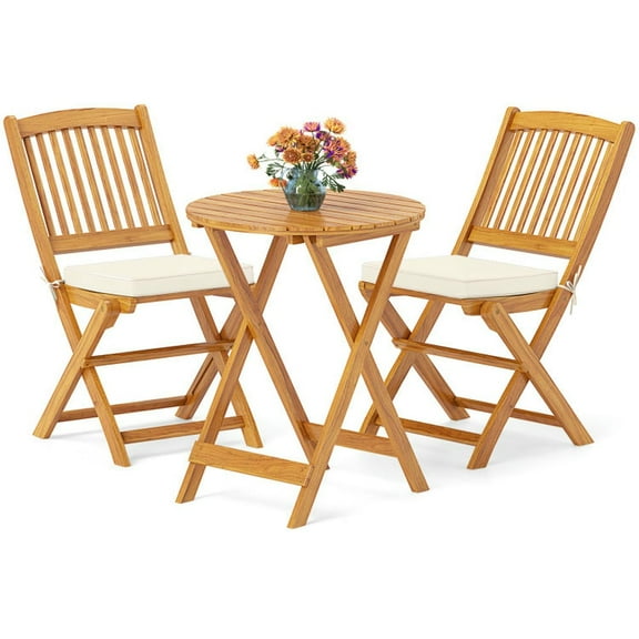 Barara King Patio Relaxation Sets,3 Pieces Acacia Wood Patio Folding Bistro Set with Soft Cushions-Beige
