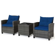 Barara King Patio Relaxation Sets,3 Pieces Outdoor Wicker Conversation Set with Tempered Glass Tabletop-Navy