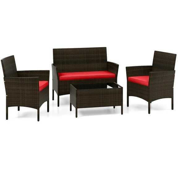 Barara King Patio Relaxation Sets,4 Piece Patio Rattan Conversation Set with Cozy Seat Cushions-Red