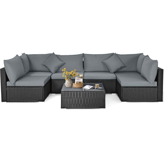 Barara King Patio Relaxation Sets,7 Pieces Sectional Wicker Furniture Sofa Set with Tempered Glass Top Coffee Table-Gray