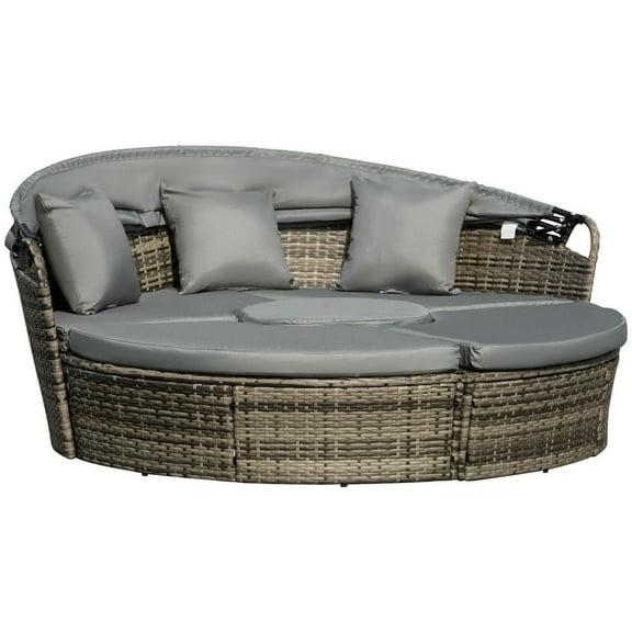 Barara King Patio Sofa Bed Set,Daybed Set,4-Piece Round Convertible Daybed, Outdoor PE Rattan Patio Wicker Sofa Set with 2 Chairs, Table, 3 Pillows, Gray
