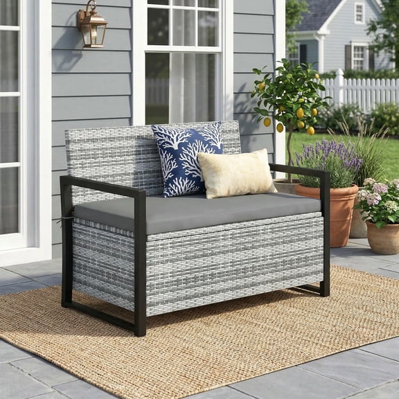 Barara King Patio Storage Bench with Built-in Compartment, Outdoor Wicker Loveseat with Hidden Storage Space, Multi-Functional Seating for Garden Backyard Deck, Gray
