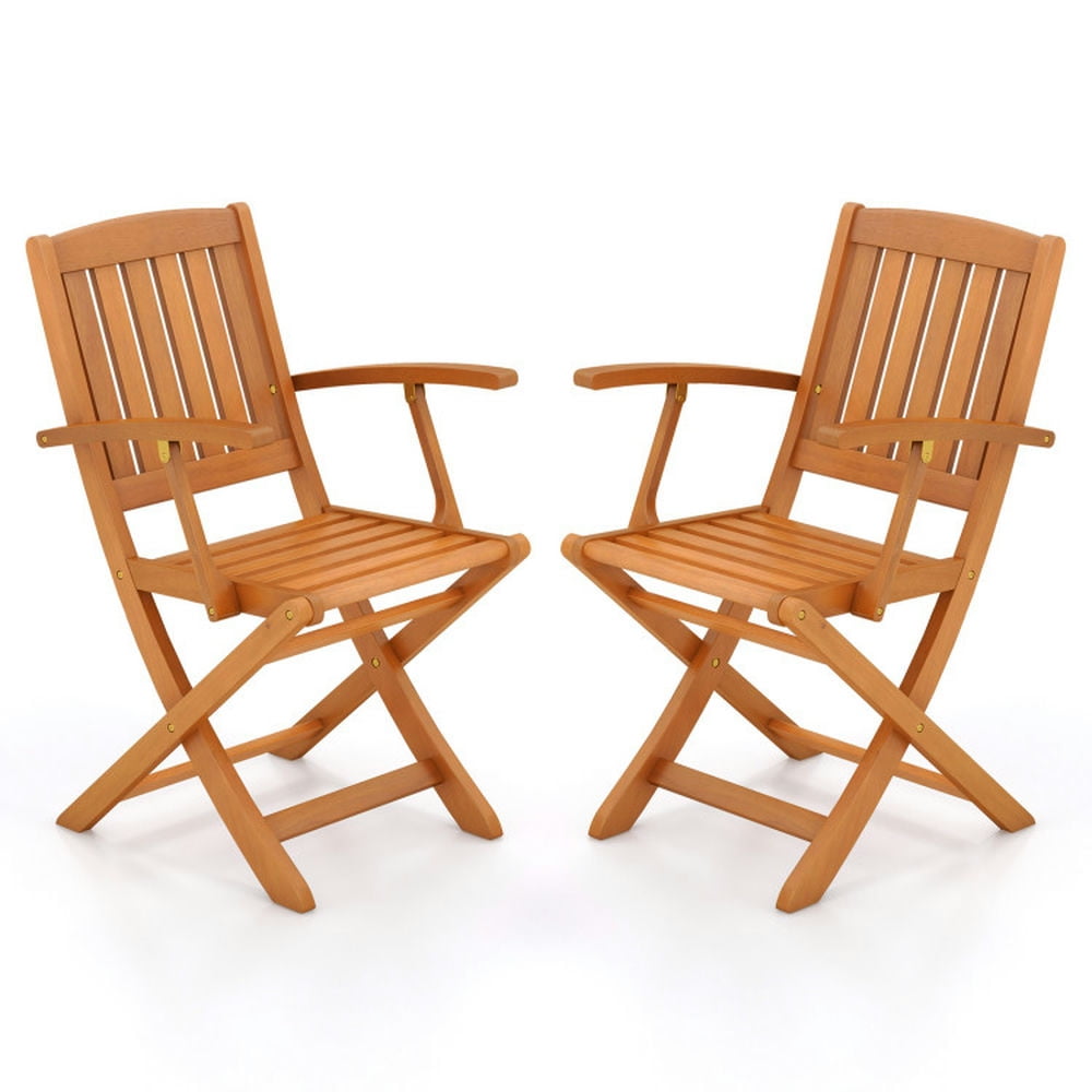 Natural Eucalyptus Wood Folding Dining Chairs with Armrests, Set of 2