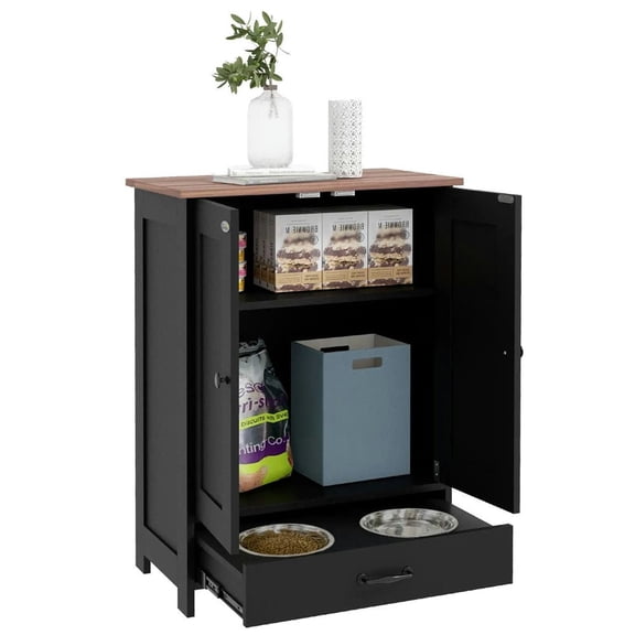 Barara King Pet Feeding Station, Dog Bowls, Dog Food Storage Cabinet w/ Raised Dog Bowls, Adjustable Panel, Hooks, Black