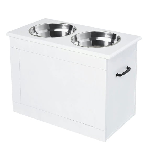 Barara King Pet Feeding Station, Dog Bowls, Raised Pet Feeding Storage Station with 2 Stainless Steel Bowls Base, White