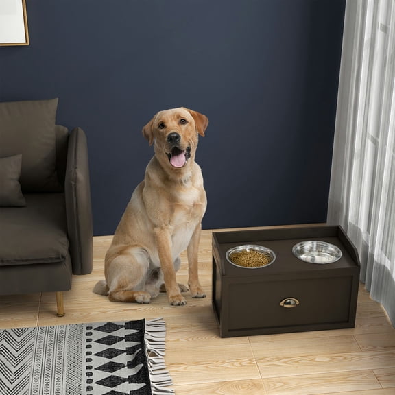Barara King Pet Feeding Station Pet Dish Bowl Set with Storage, 2 Elevated Dog Bowls for Large Sized Dogs, Coffee