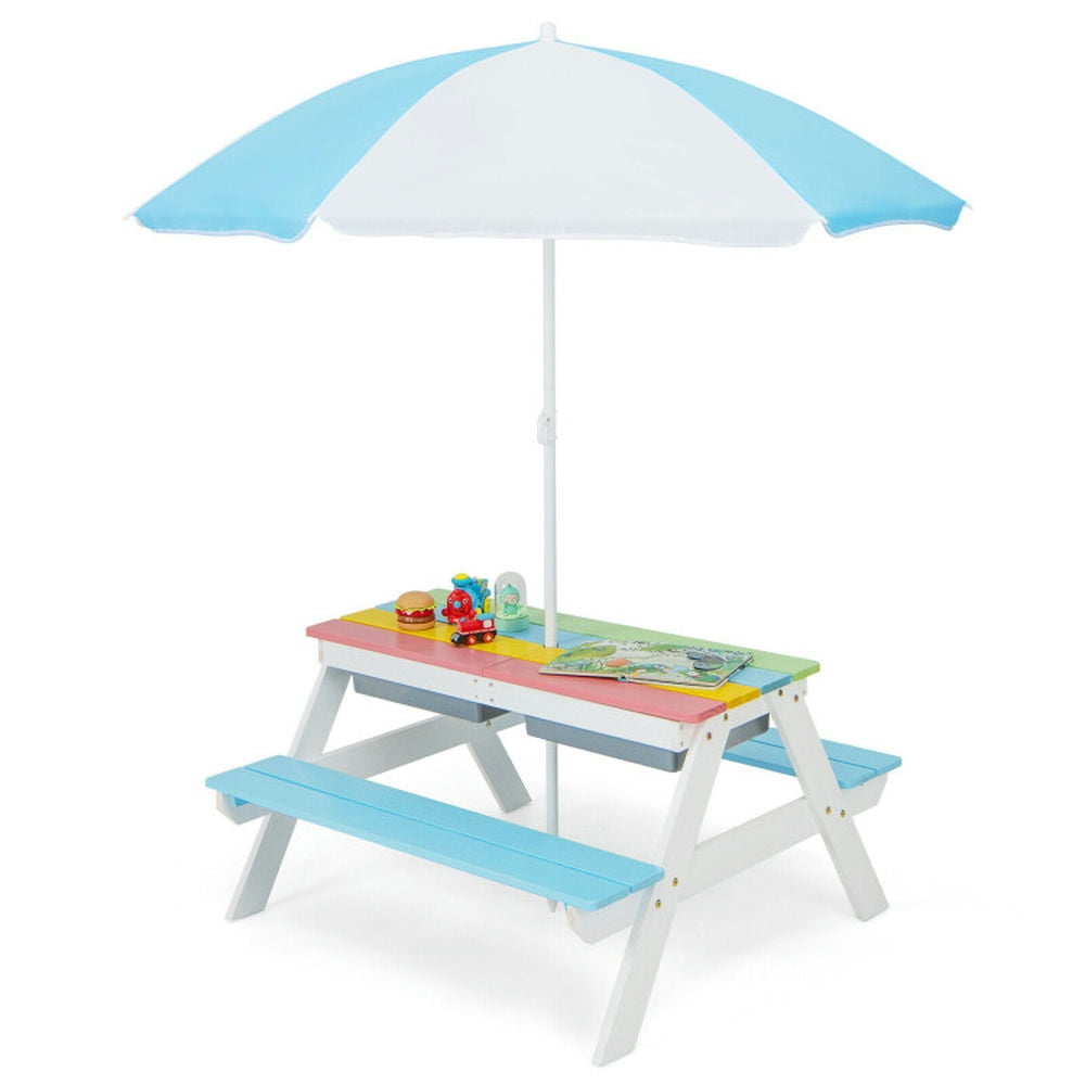 Barara King Picnic Bench Outdoor Patio Dining Table,3-in-1 Kids Outdoor Picnic Water Sand Table with Umbrella Play Boxes-Blue