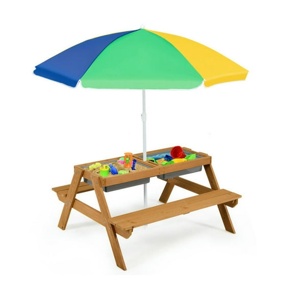 Barara King Picnic Bench Outdoor Patio Dining Table,3-in-1 Kids Outdoor Picnic Water Sand Table with Umbrella Play Boxes-Yellow