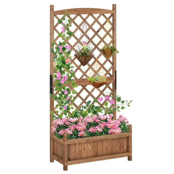 Barara King Planter Raised Garden Boxes Outdoor, Large Raised Garden Beds,60 Inch Tall Raised Garden Bed with Diamond Lattice Trellis and Drainage Holes-Brown
