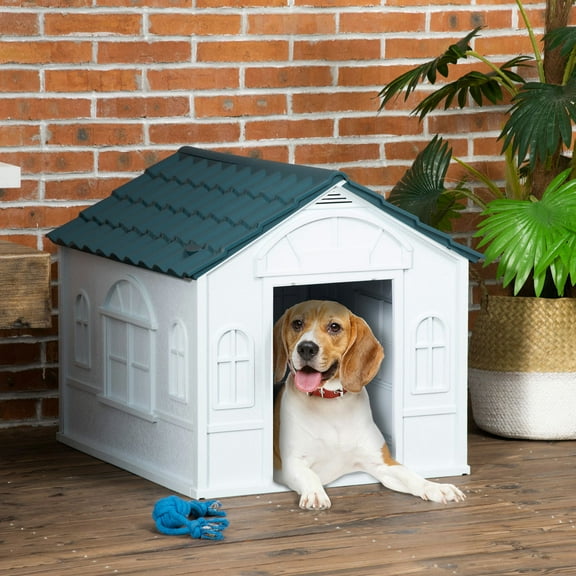 Barara King Plastic Dog House, Water Resistant Puppy Shelter Indoor Outdoor with Door, Easy to Assemble, for Medium and Small Dogs, Blue