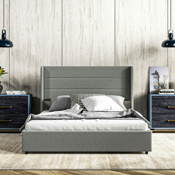 Barara King Platform Bed Frame, Full Bed Frame With Storage Drawers, Full Size Bed Base, Light Gray