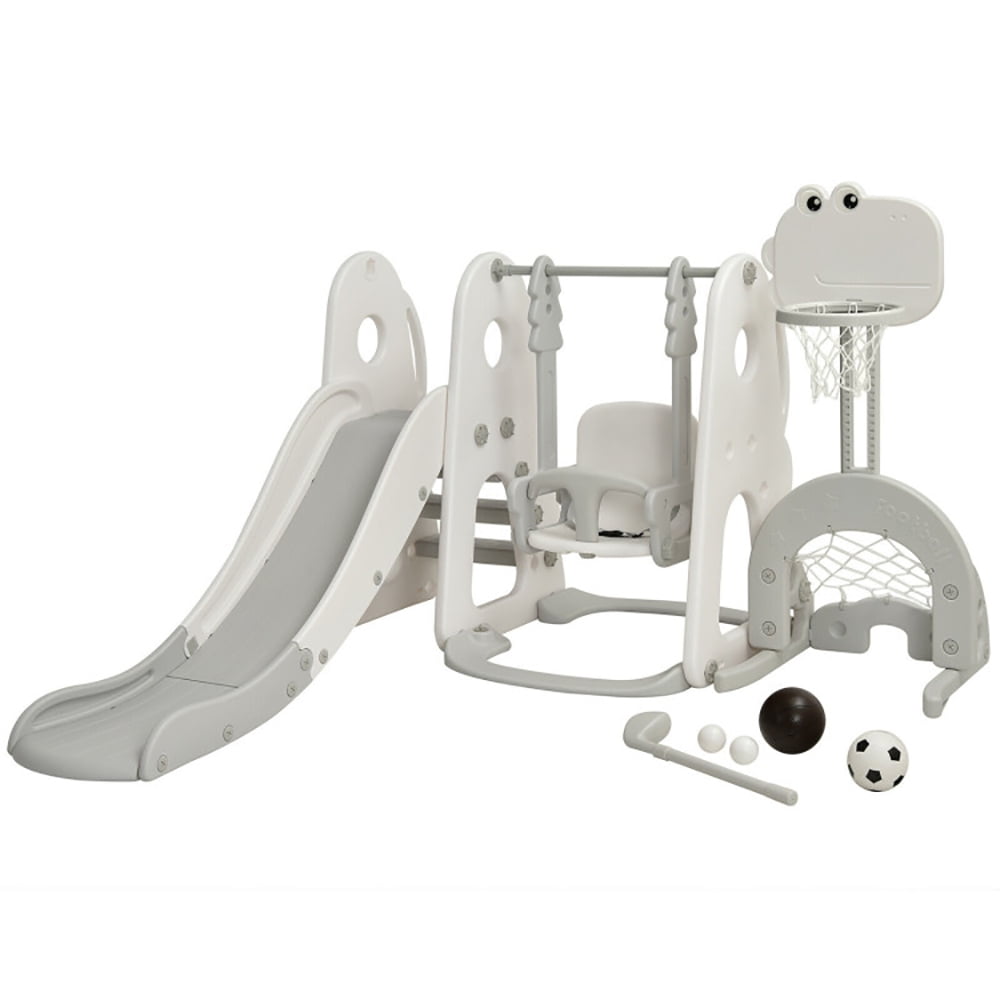 Barara King Play Climber Slide Set,6 in 1 Toddler Slide and Swing Set with Ball Games-White