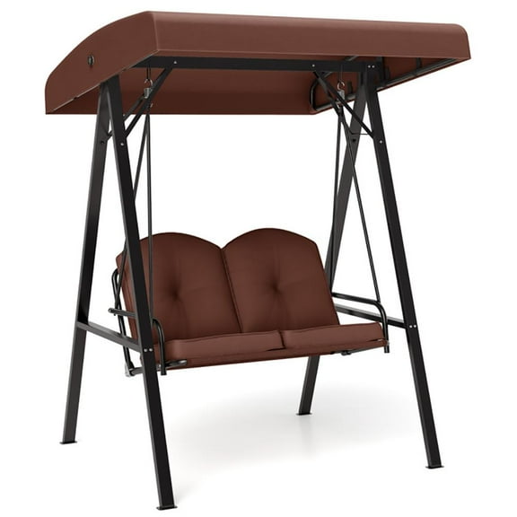 Barara King Porch Swing for Two,Durable Porch Swings,2-Person Outdoor Porch Swing with A-Shaped Metal Stand and Adjustable Canopy-Brown