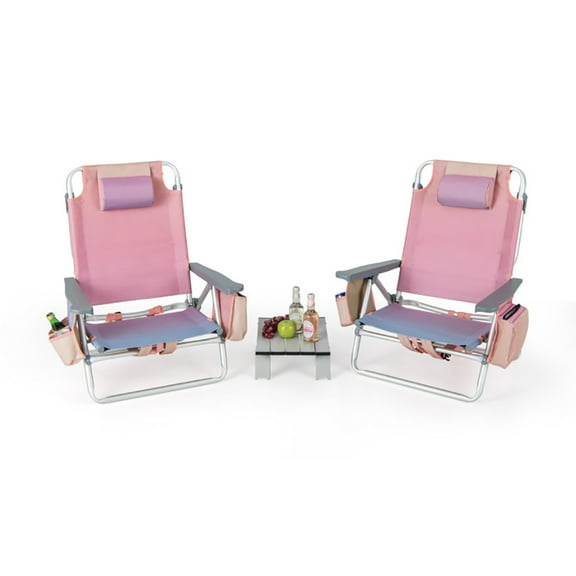Barara King Portable Beach Lounger, Travel Chair, Reclining Camping Chair, 2 Packs 5-Position Outdoor Folding Backpack Beach Table Chair Reclining Chair Set-Pink