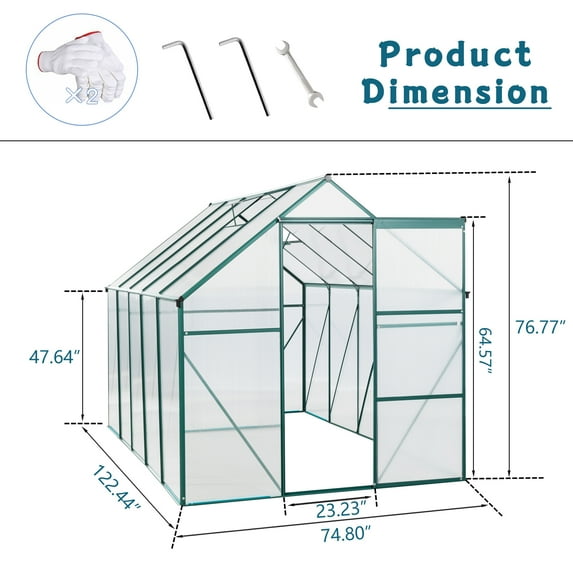 Barara King Portable Mini Greenhouse,Protected Greenhouse for Indoor Outdoor Gadsden, 6X10 FT Polycarbonate Greenhouse Raised Base and Anchor Aluminum Heavy Duty Walk-in Greenhouses,Green