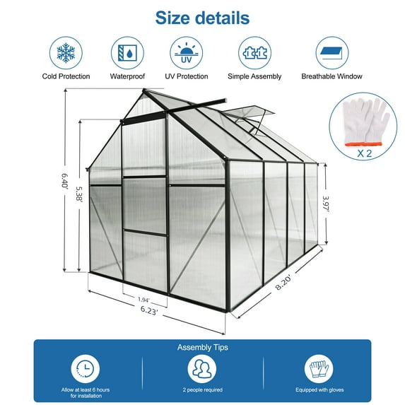 Barara King Portable Mini Greenhouse, Waterproof UV Protected Greenhouse for Indoor Outdoor Gadsden, 6X8FT Polycarbonate Greenhouse Raised Base and Anchor Aluminum Heavy Duty Walk-in Greenhouses
